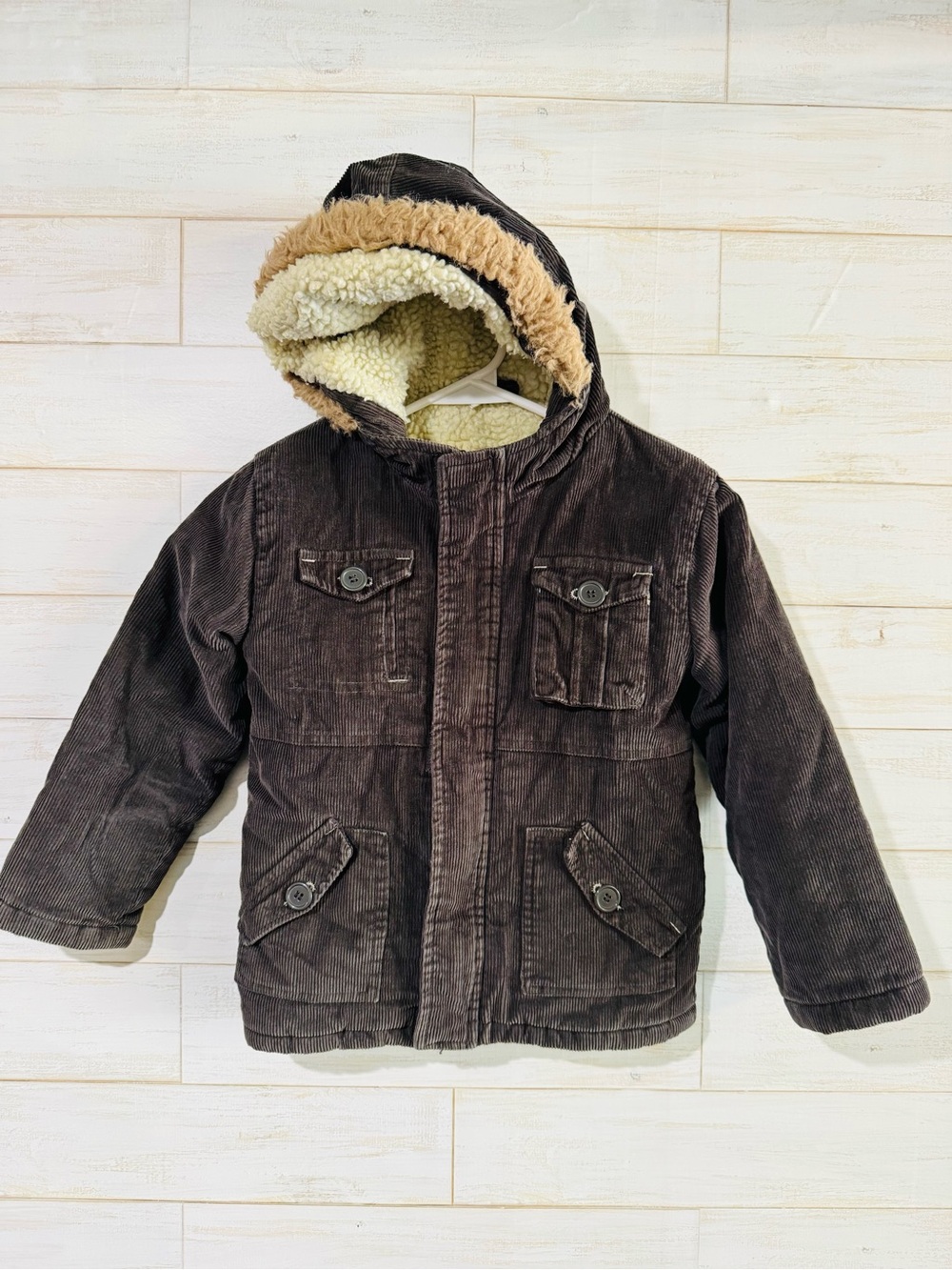 Kids Brown Corduroy Hooded Jacket with Sherpa Lining